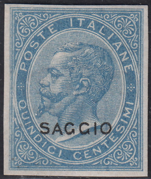 VEII117 - 1863 - Emissione De La Rue, c. 15 celeste non dentellato e con soprastampa SAGGIO nuovo integro (L18, saggio)