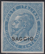 VEII117 - 1863 - Emissione De La Rue, c. 15 celeste non dentellato e con soprastampa SAGGIO nuovo integro (L18, saggio)