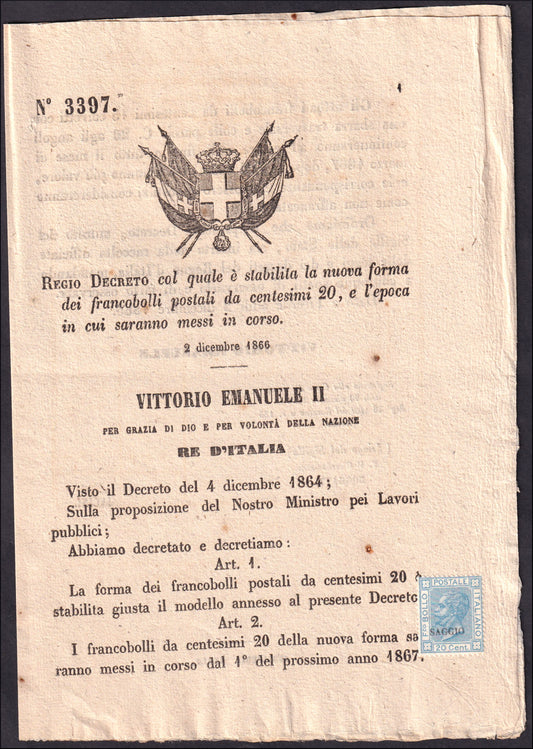 VEII118 - 1866 (2 dicembre) Regio Decreto n. 3397 col quale si prescrive la nuova forma dei francobolli postali da centesimi 20, e l'epoca in cui saranno messi in corso.