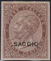 VEII118 - 1863 - Emissione De La Rue, c. 30 bruno non dentellato e con soprastampa SAGGIO nuovo (L19, saggio)