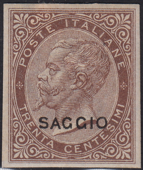 VEII118 - 1863 - Emissione De La Rue, c. 30 bruno non dentellato e con soprastampa SAGGIO nuovo (L19, saggio)