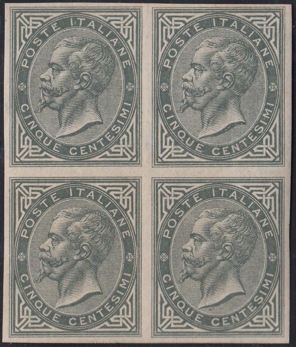 VEII122 - 1863 - Emissione De La Rue, c.5 grigio verde tiratura di Londra blocco di 4 della prova d'archivio nuova gomma integra (P16)