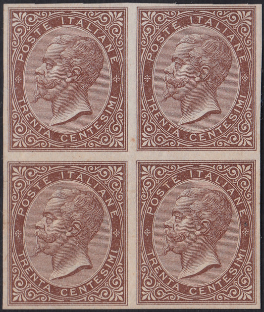 VEII124 - 1863 - Emissione De La Rue, c.30 bruno castano tiratura di Londra blocco di 4 della prova d'archivio nuova gomma integra (P19)