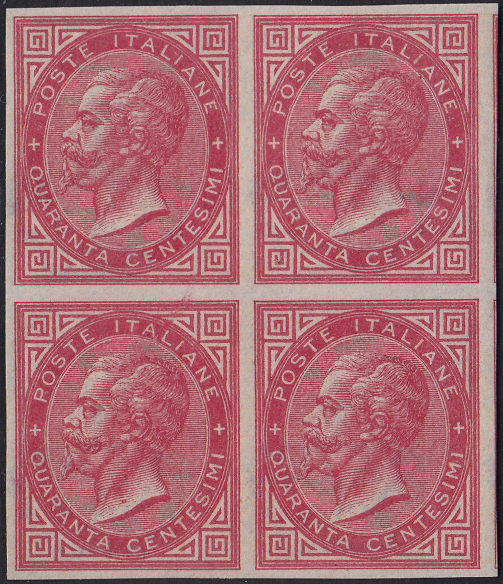 VEII125 - 1863 - Emissione De La Rue, c.40 rosa carminio tiratura di Londra blocco di 4 della prova d'archivio nuova gomma integra (P20)