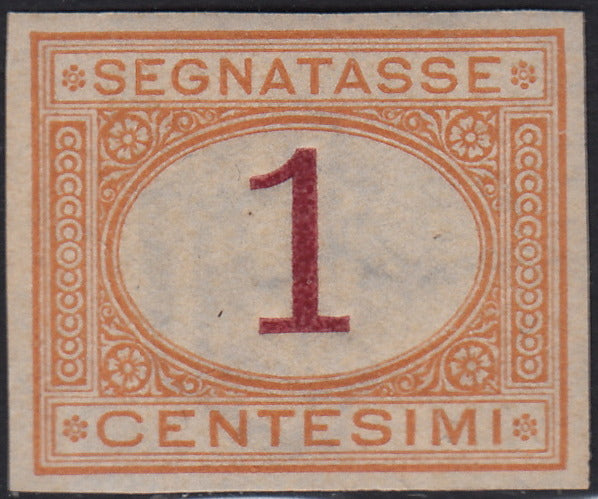 VEII127 - 1870 - Prova d'Archivio del segnatasse c. 1 ocra e carminio non dentellata, filigranata e con gomma originale (P3)