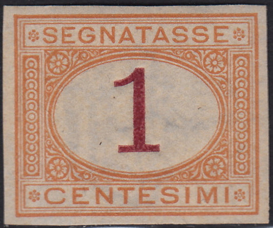 VEII127 - 1870 - Prova d'Archivio del segnatasse c. 1 ocra e carminio non dentellata, filigranata e con gomma originale (P3)
