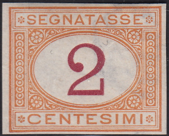 VEII128 - 1870 - Prova d'Archivio del segnatasse c. 2 ocra e carminio non dentellata, filigranata e con gomma originale (P4)