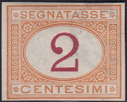 VEII128 - 1870 - Prova d'Archivio del segnatasse c. 2 ocra e carminio non dentellata, filigranata e con gomma originale (P4)