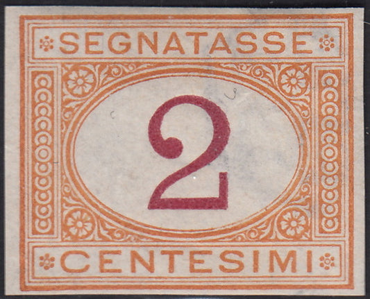 VEII128 - 1870 - Prova d'Archivio del segnatasse c. 2 ocra e carminio non dentellata, filigranata e con gomma originale (P4)