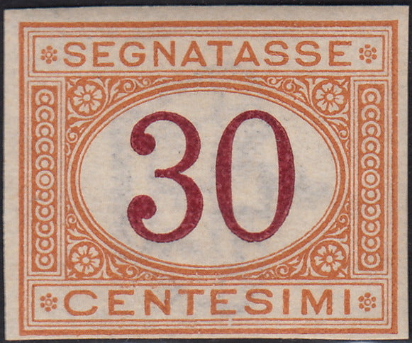 VEII130 - 1870 - Prova d'Archivio del segnatasse c. 30 ocra e carminio non dentellata, filigranata e con gomma originale (P7)