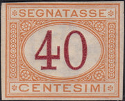 VEII131 - 1870 - Prova d'Archivio del segnatasse c. 40 ocra e carminio non dentellata, filigranata e con gomma originale (P8)