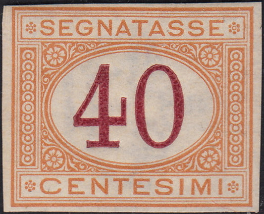 VEII131 - 1870 - Prova d'Archivio del segnatasse c. 40 ocra e carminio non dentellata, filigranata e con gomma originale (P8)