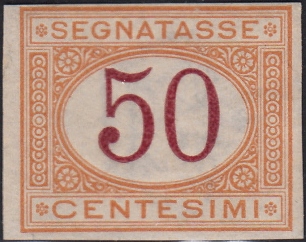 VEII132 - 1870 - Prova d'Archivio del segnatasse c. 50 ocra e carminio non dentellata, filigranata e con gomma originale (P9)