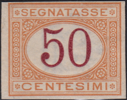 VEII132 - 1870 - Prova d'Archivio del segnatasse c. 50 ocra e carminio non dentellata, filigranata e con gomma originale (P9)