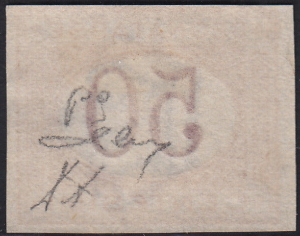 VEII132 - 1870 - Prova d'Archivio del segnatasse c. 50 ocra e carminio non dentellata, filigranata e con gomma originale (P9)