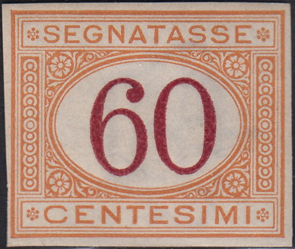 VEII133 - 1870 - Prova d'Archivio del segnatasse c. 60 ocra e carminio non dentellata, filigranata e con gomma originale (P10)