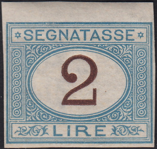 VEII134 - 1870 - Prova d'Archivio del segnatasse L. 2 azzurro e bruno non dentellata, filigranata e con gomma originale (P12)