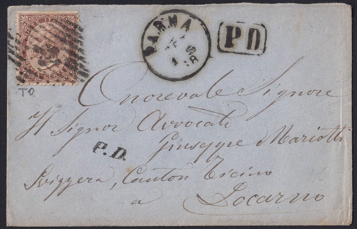 VEII173 - 1868 - Emissione De La Rue tiratura di Torino c. 30 bruno castano su lettera da Parma per Locarno (T19)