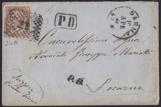 VEII174 - 1867 - Emissione De La Rue tiratura di Torino c. 30 bruno su lettera da Parma per Locarno (L19)