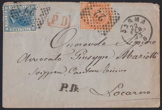 VEII175 - 1873 - De La Rue tiratura di Torino c. 10 giallo arancio + c. 20 azzurro da PArma per Locarno 22/2/73 (T17 + T26)