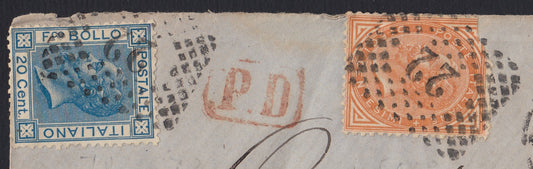 VEII175 - 1873 - De La Rue tiratura di Torino c. 10 giallo arancio + c. 20 azzurro da PArma per Locarno 22/2/73 (T17 + T26)