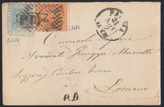 VEII176 - 1867 - De La Rue tiratura di Londra c. 10 ocra arancio + c. 20 celeste da Parma per Locarno 21/11/67 (L17 + L26)
