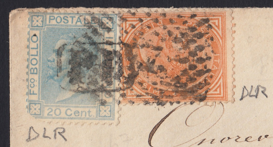 VEII176 - 1867 - De La Rue edición de Londres c. 10 ocre naranja + c. 20 celeste de Parma a Locarno 21/11/67 (L17 + L26)