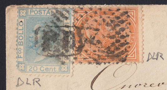VEII176 - 1867 - De La Rue tiratura di Londra c. 10 ocra arancio + c. 20 celeste da Parma per Locarno 21/11/67 (L17 + L26)