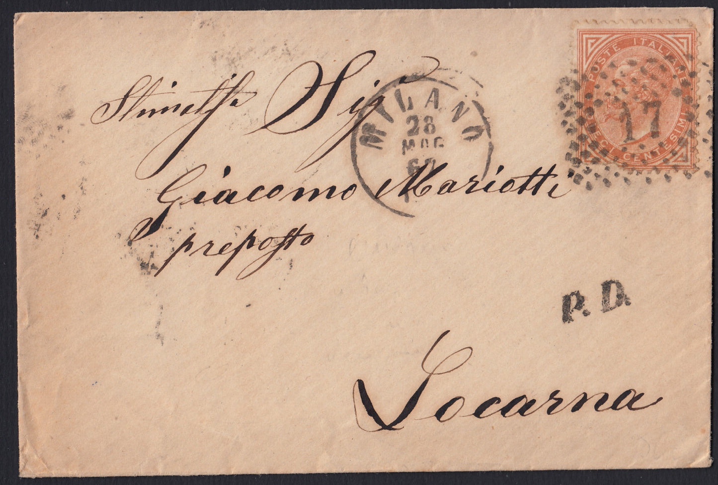 CG46 - 1879 - Issue De La Rue Turin edition c. 30 dark brown on letter from Camogli to Costantiopoli 11/8/78 (T19)