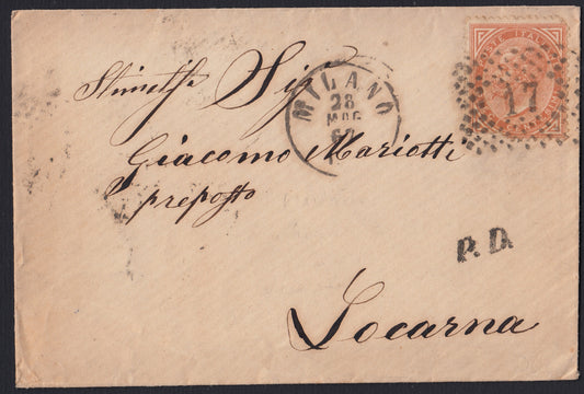 VEII177 - 1867 - De La Rue tiratura di Londra c. 10 ocra arancio isolato su letteta da Milano per Locarno 28/5/67 (L17)