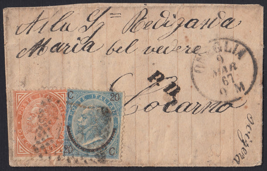 VEII178 - 1867 - De La Rue tiratura di Londra c. 10 ocra arancio + c. 20 su 15 celeste I tipo da Oneglia per Locarno 9/3/67 (L17 + 24)