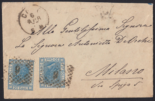 VEII179 - 1877 - De La Rue tiratura di Torino nuovo formato c. 20 azzurro due esemplari su lettera da Como per Milano 6/4/77 (T26)
