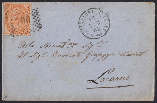 VEII180 - 1867 - De La Rue tiratura di Londra c. 10 ocra arancio isolato su letteta da Castiglione d'Intelvi per Locarno 16/6/67 (L17)