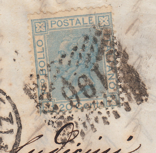 VEII181 - 1867 - Nuovo formato su disegni di L. Bigola, c. 20 celeste tiratura di Londra su lettera da Venezia per Udine 26/7/67 (L26)
