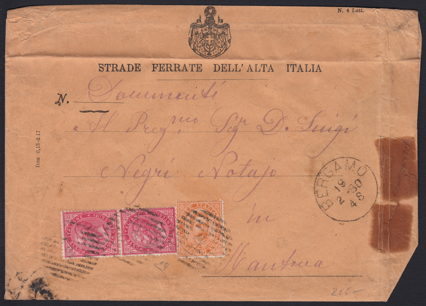 155 - 1859 - IV issue, Letter sent from Turin to Cuorgnè 6/7/59 franked with c. 40 vermilion brick edition 1859 (16Ba)