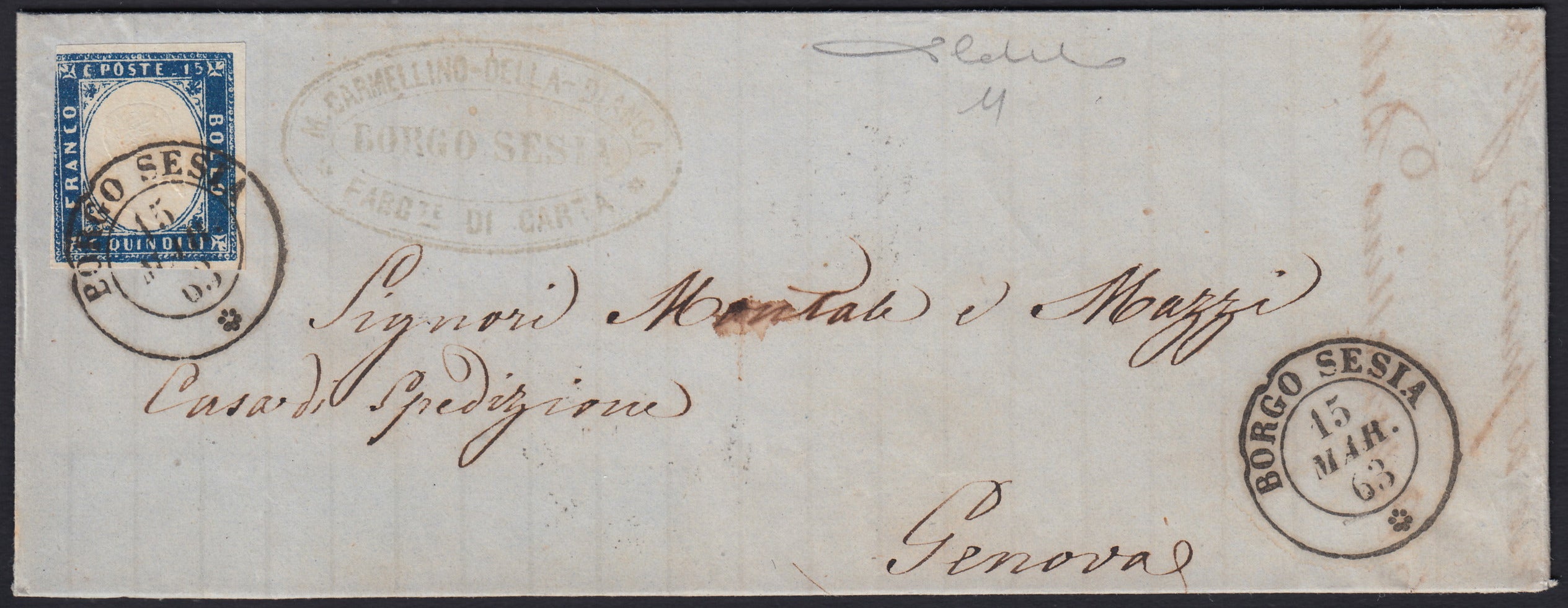 VEII227 - 1863 - Emissione litografica tipo Sardegna, c. 15 azzurro su lettera da Borgo Sesia a Genova 15/3/63 (11)
