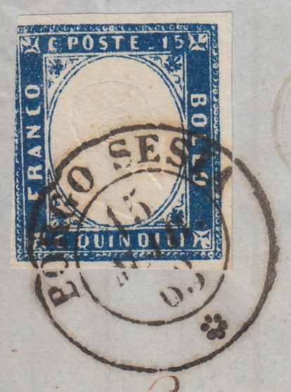 VEII227 - 1863 - Emissione litografica tipo Sardegna, c. 15 azzurro su lettera da Borgo Sesia a Genova 15/3/63 (11)
