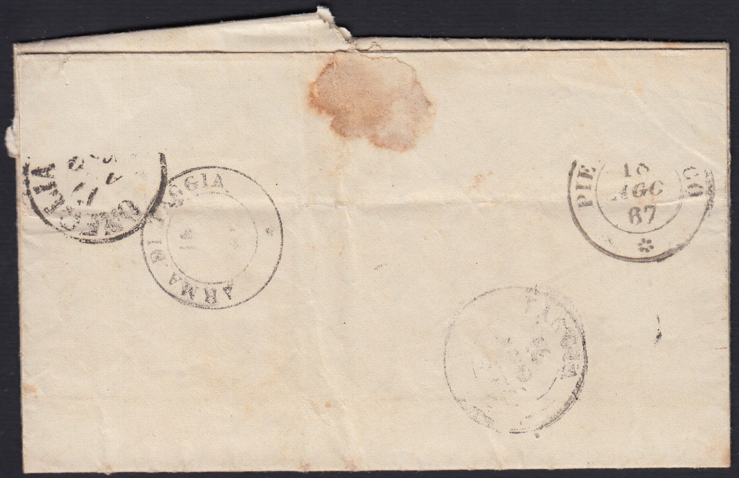 VEII291 - 1867 - Nuovo formato su disegni di L. Bigola, c. 20 celeste tiratura di Londra su lettera da Badalucco per Pieve di Teco 14/8/67 (L26, p.ti 8)