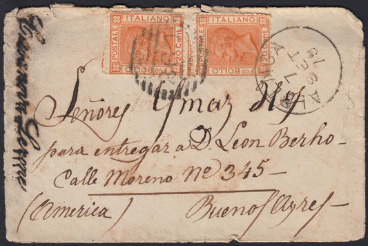 VEII298 - 1879 - Nuovo formato su disegni di L. Bigola, c. 20 arancio due esemplari su lettera da ALbenga per Buenos Ayres 7/9/79 (28)