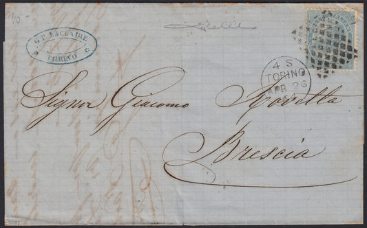 VEII299 - 1864 - De La Rue tiratura di Londra c. 15 celeste chiaro usato con muto a rombi impresso a Torino 26/4/64 su lettera per Brescia (L18)