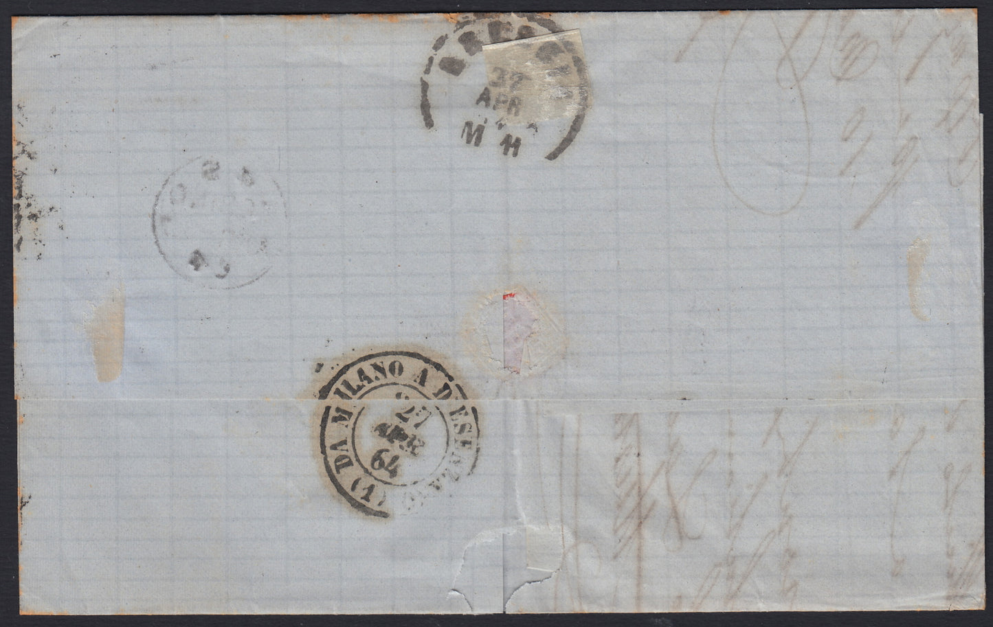 VEII299 - 1864 - De La Rue edición de Londres c. 15 celeste usado con sordina de diamante impreso en Turín 26/4/64 sobre carta para Brescia (L18)