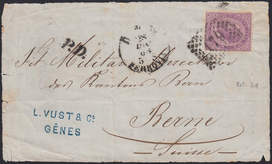 VEII300 - 1868 -  Emissione De La Rue, tiratura di Torino, c. 60 lilla isolato su frontespizio di lettera da Genova per Berna (T21).