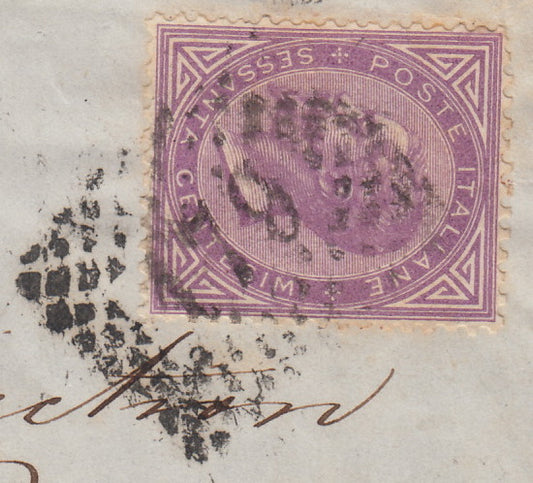 VEII300 - 1868 -  Emissione De La Rue, tiratura di Torino, c. 60 lilla isolato su frontespizio di lettera da Genova per Berna (T21).