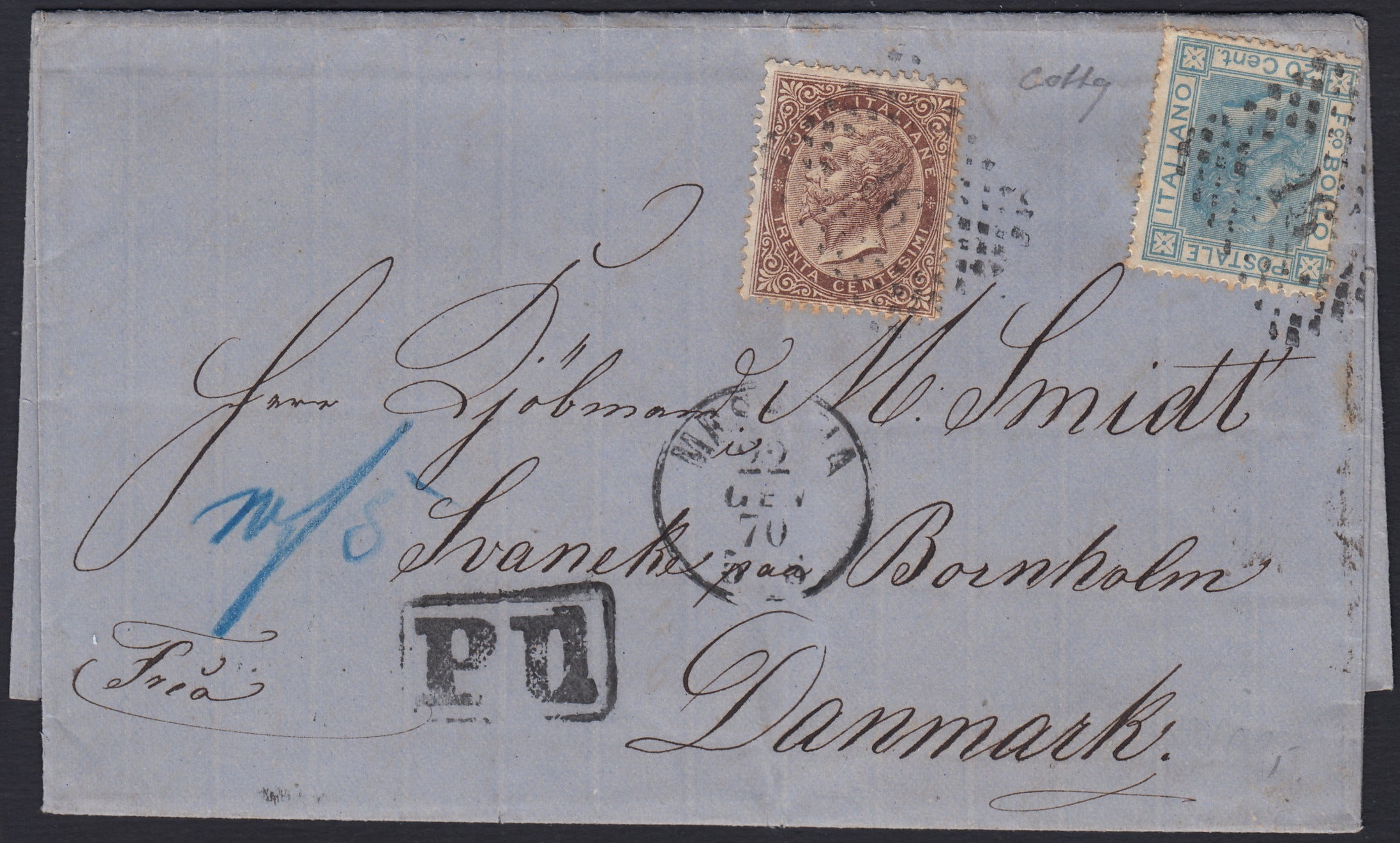 VEII302 - 1870 - Letter sent by Messna for Denmark 22/1/1970 franked with c. 30 brown brown + c. 20 light blue (T19 + L26) 