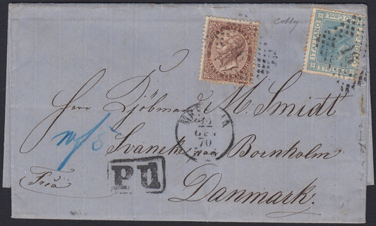 VEII302 - 1870 - Lettera spedita da Messna per la Danimarca 22/1/1970 affrancata con c. 30 bruno castano + c. 20 celeste (T19 + L26)