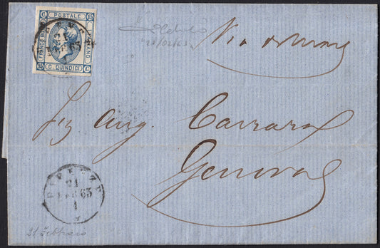 VEII_317 - 1863 - Lettera da Firenze per Genova 21/2/63 affrancata con c. 15 azzurro litografico provvisorio del I tipo (12)