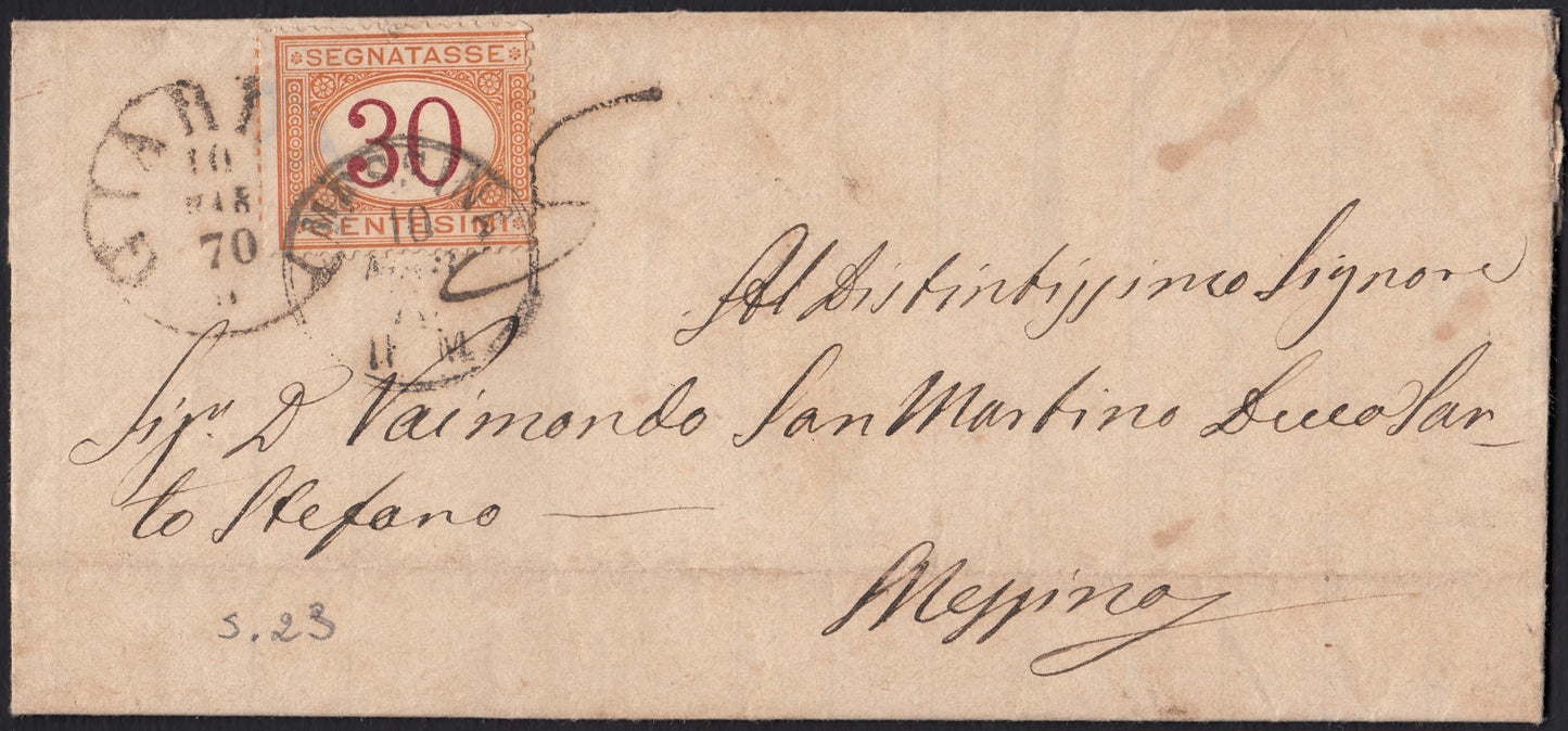 VEII_319 - 1870 - Lettera da Giarre per Messina 10/3/70 non affrancata e tassata per 30 centesimi a destino con segnatasse n. 7 c. 30 ocra e carminio