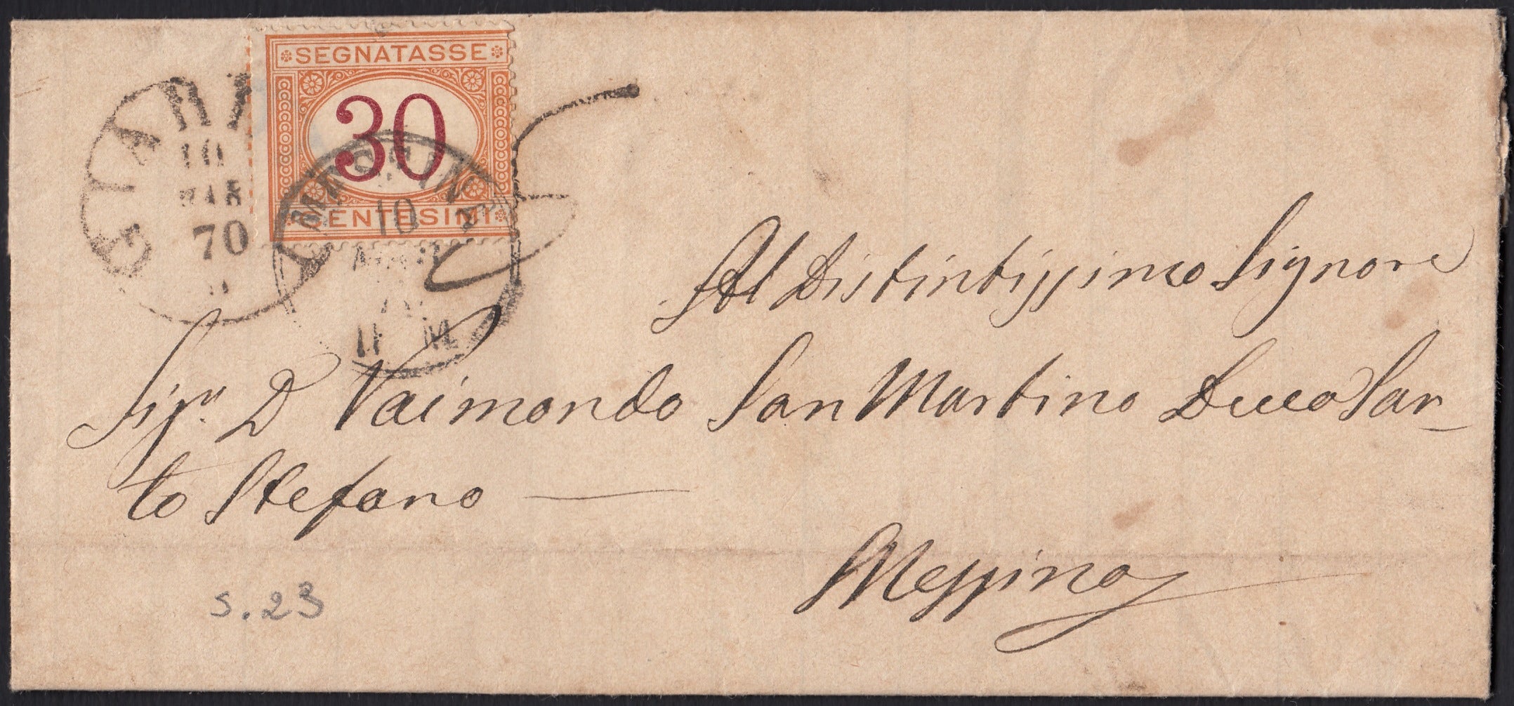 VEII_319 - 1870 - Lettera da Giarre per Messina 10/3/70 non affrancata e tassata per 30 centesimi a destino con segnatasse n. 7 c. 30 ocra e carminio