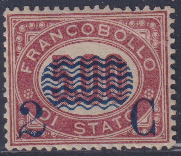 VEII-31 - 1878 - Francobolli di servizio soprastampati in azzurro con ondine e nuovo valore da 2.c su L. 5 lacca nuovo con gomma integra (35)