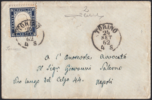 VEII_320 - 1862 - lettera da Torino per Napoli 24/9/62 affrancata con emissione dentellata c. 20 indaco (2)